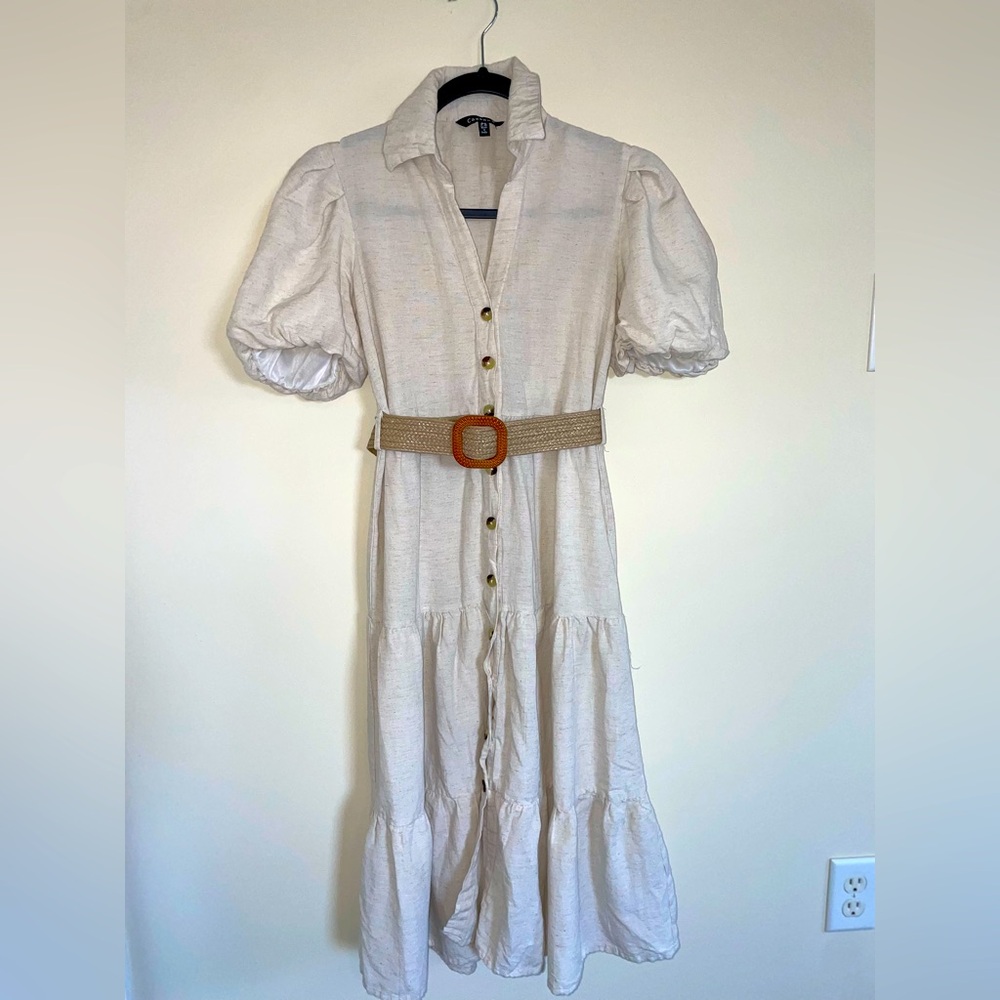 Cream Puff Sleeve Button-Down Dress with Belt